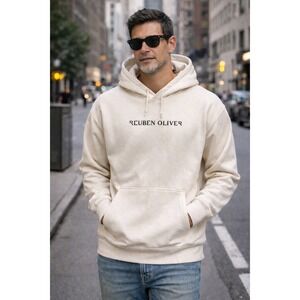 NWT REUBEN OLIVER Cream White Embroidered Logo Hoodie Pullover Sweatshirt Size L